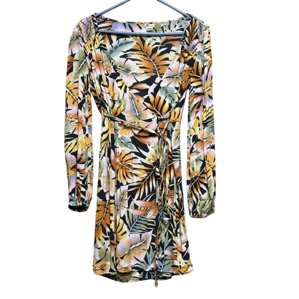 Billabong Tropical Palm Leaf Wrap Mini Dress Size Small Long Sleeve Tie Front